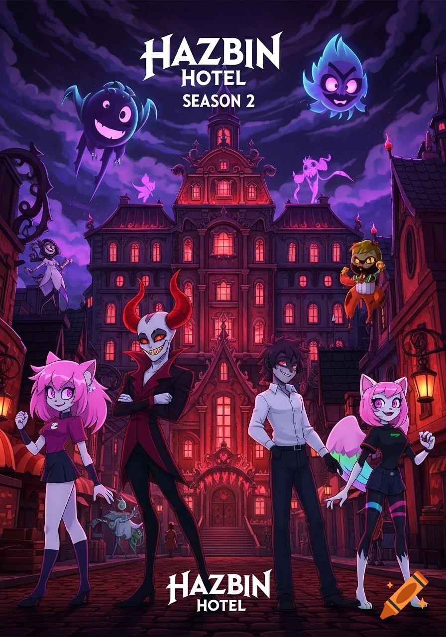 A cartoon poster for Hazbin Hotel Season 2 featuring several stylized demon characters in front of a glowing red gothic hotel at night.