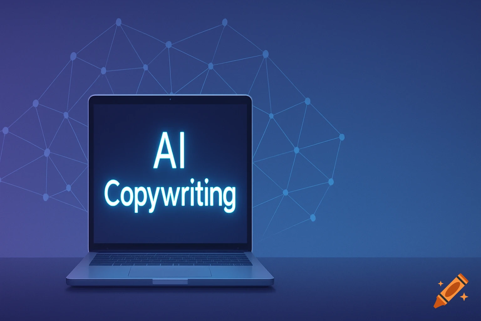 A laptop displaying "AI Copywriting" in glowing text on its screen, set against a modern blue background with a subtle neural network pattern.