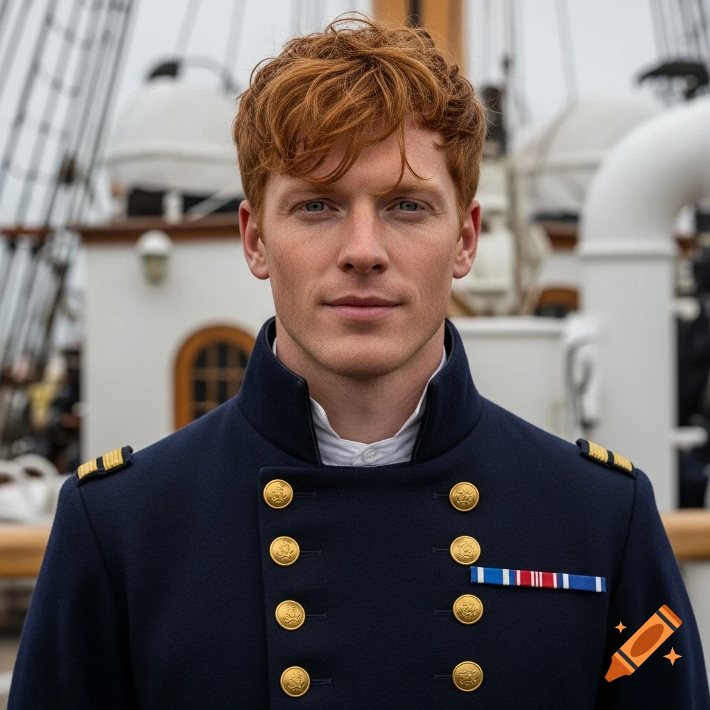 Photorealistic portrait of a red-haired man in a 19th-century Royal Navy officer uniform on a ship.