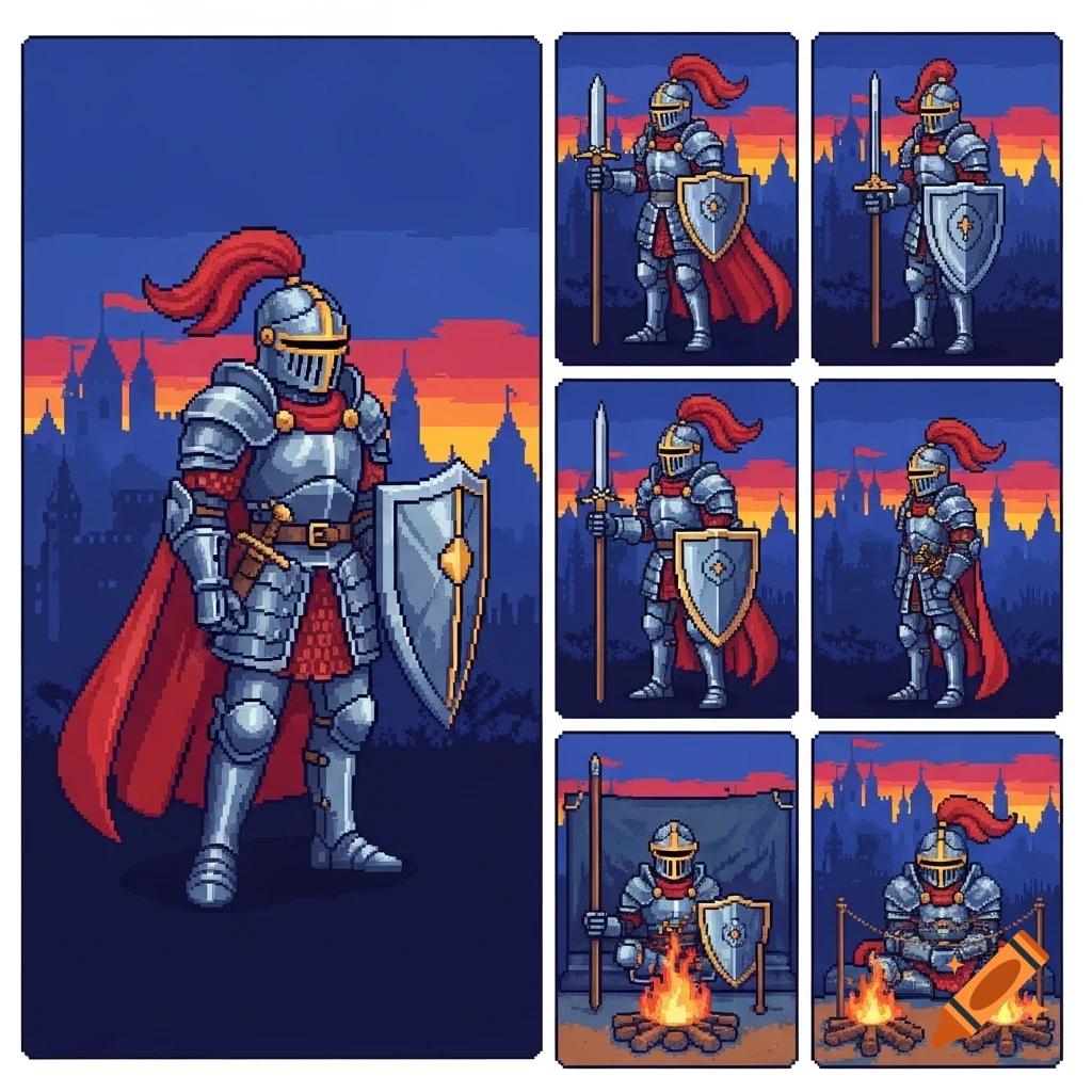 A 16-bit pixel art sheet features a knight in shining armor, with variations including standing with a spear and resting by a campfire.