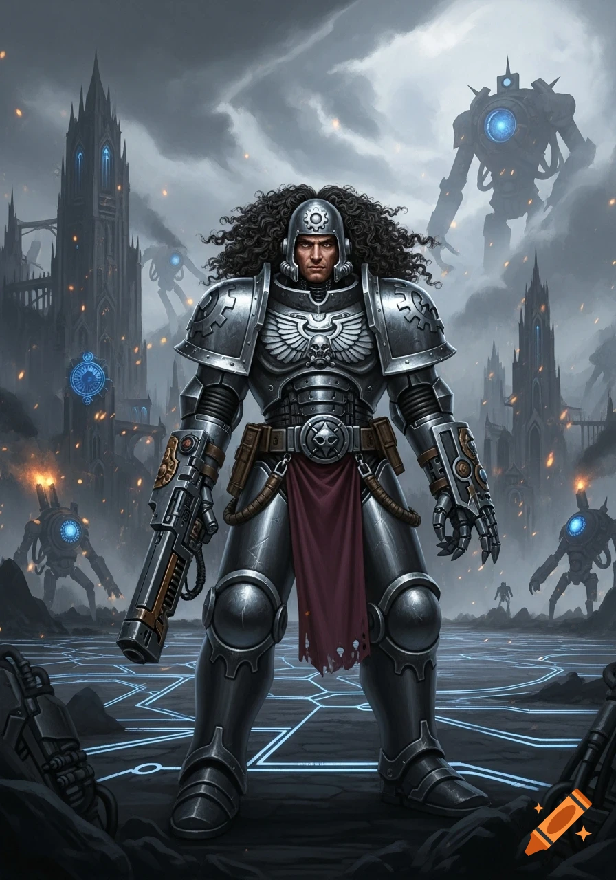 A heavily armored Warhammer 40k Explorator with long curly hair stands amidst gothic architecture and menacing robots in a dark sci-fi setting.