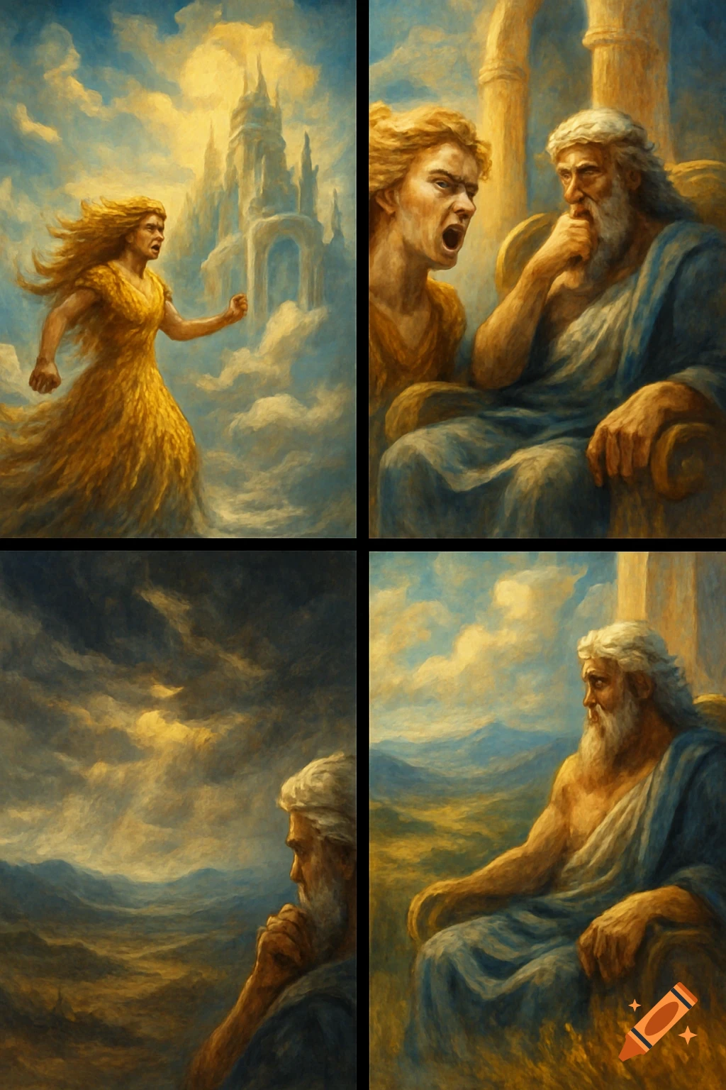 Four-panel painting of Demeter confronting Zeus. Demeter, enraged ...