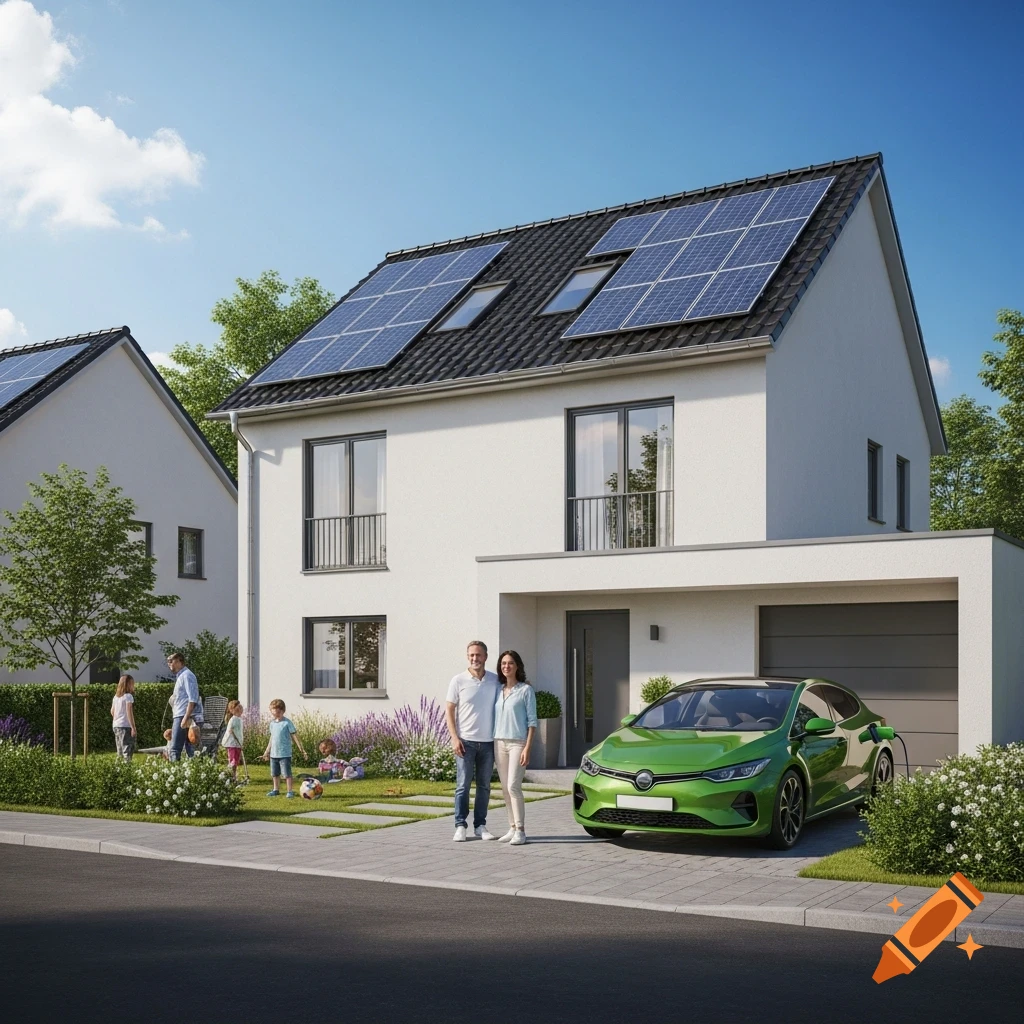 A modern white house with solar panels and an electric car being charged, while a family relaxes in the front yard.