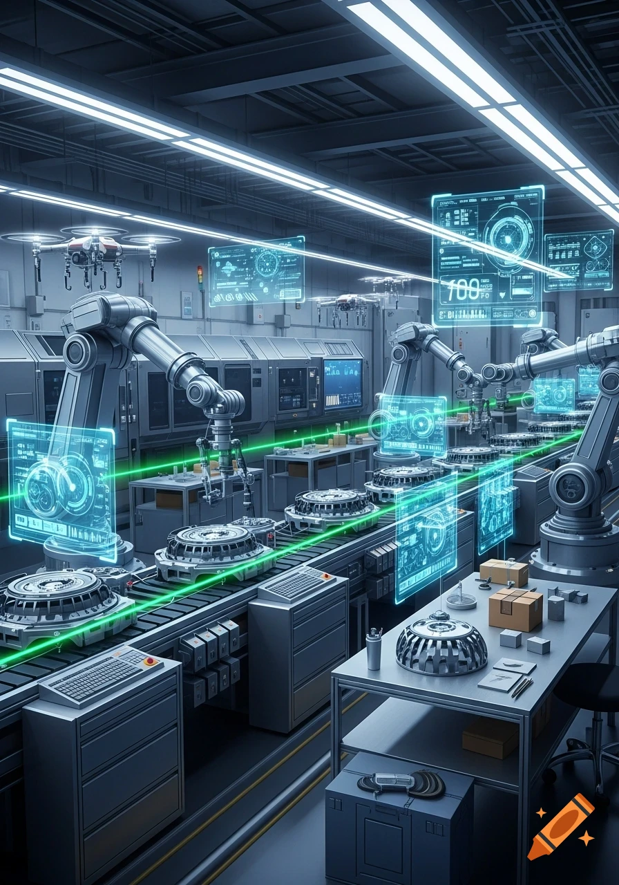 A futuristic automated factory production line with robotic arms, conveyor belts, glowing green lasers, and holographic user interfaces displaying data in a brightly lit industrial setting.