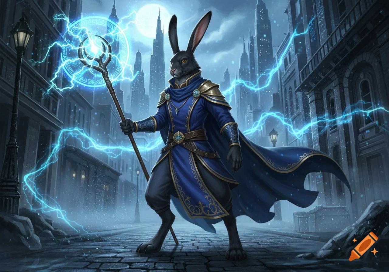 A black-furred rabbit-person wizard in blue, holding a glowing staff and casting a spell with blue lightning in an urban fantasy city at night.