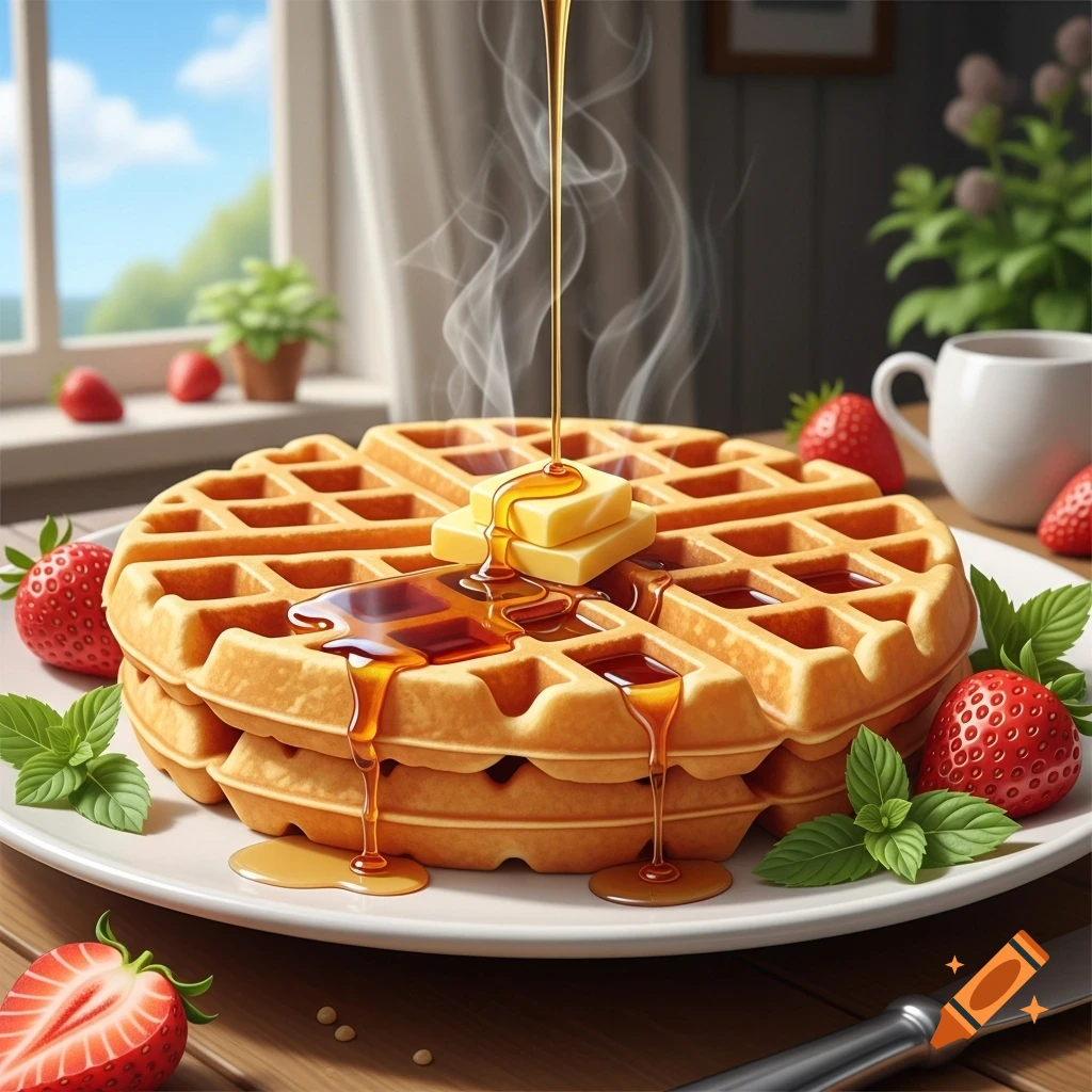 Photorealistic stack of waffles with melting butter and syrup, surrounded by fresh strawberries and mint on a plate, with steam rising.