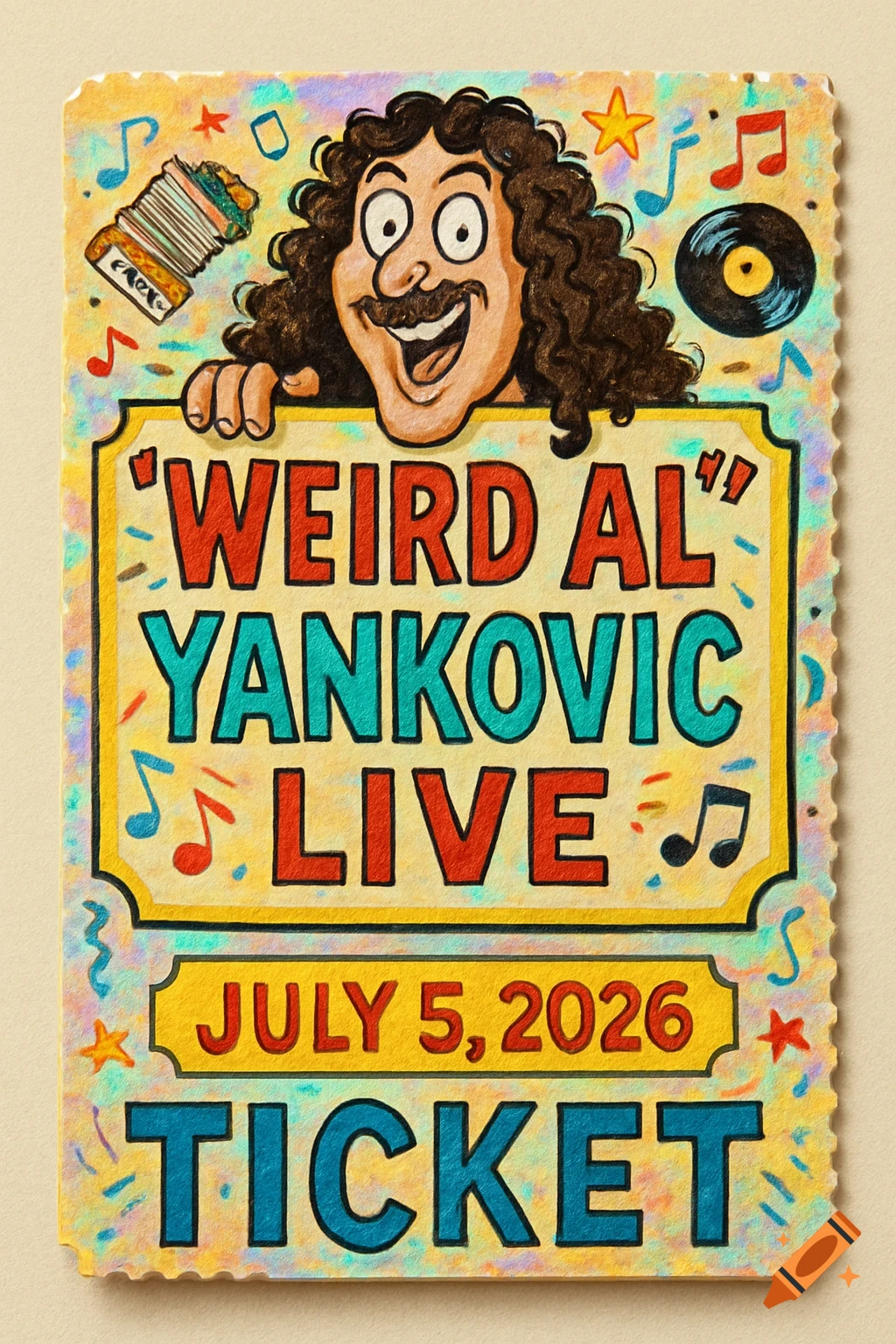 Cartoon concert ticket for 'Weird Al' Yankovic Live on July 5, 2026, featuring his caricature.