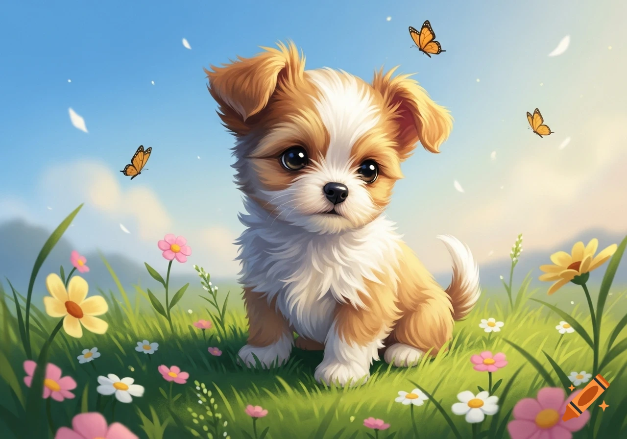A fluffy brown and white puppy with large eyes sits in a field of colorful flowers with butterflies, in a cute illustration style.
