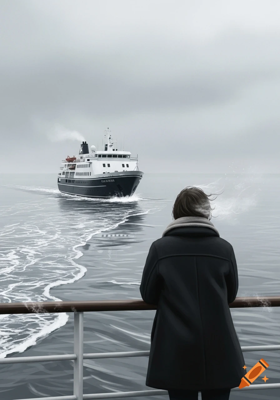 A person in a coat stands on a ship's deck, watching a small cruiser sail on grey water under an overcast sky.
