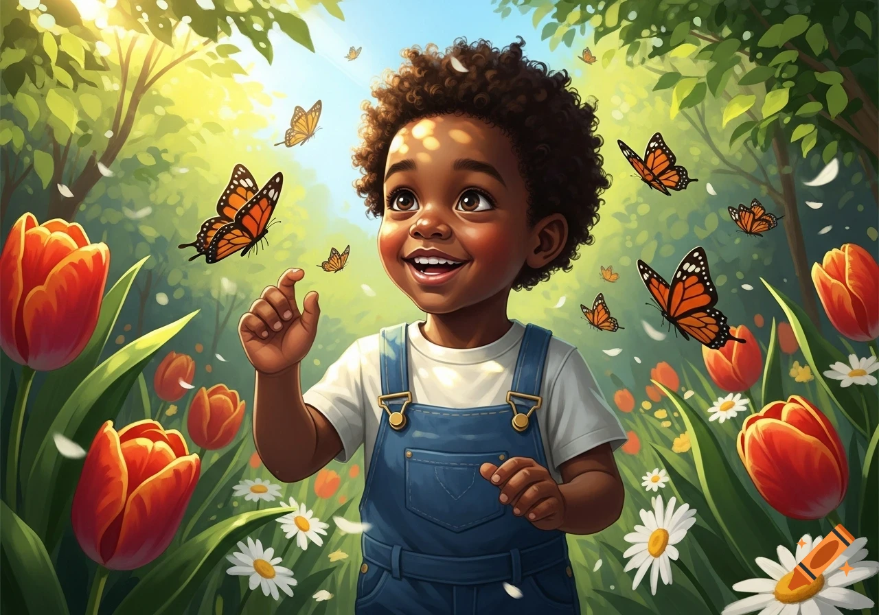A joyful Black toddler in denim overalls reaches for monarch butterflies among red tulips and white daisies in a sunlit garden.