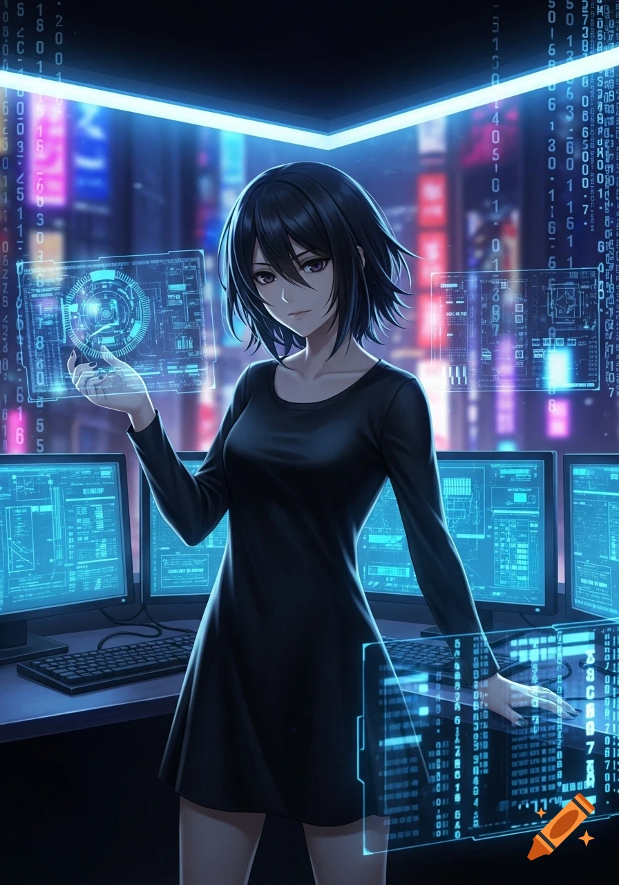 An anime girl in a black dress holds a glowing holographic screen, surrounded by tech monitors and binary code in a futuristic setting.