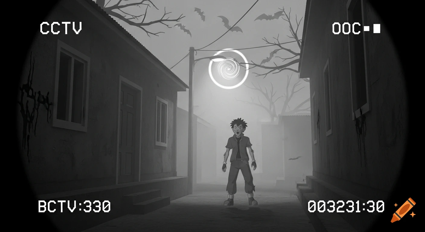 A black-and-white CCTV view of a foggy, dark street with a zombified Ash Ketchum looking scared, bats flying overhead.
