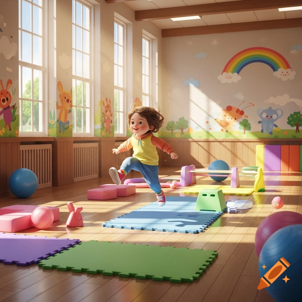 A cheerful cartoon child jumps happily in a brightly lit preschool playroom with colorful mats and equipment.