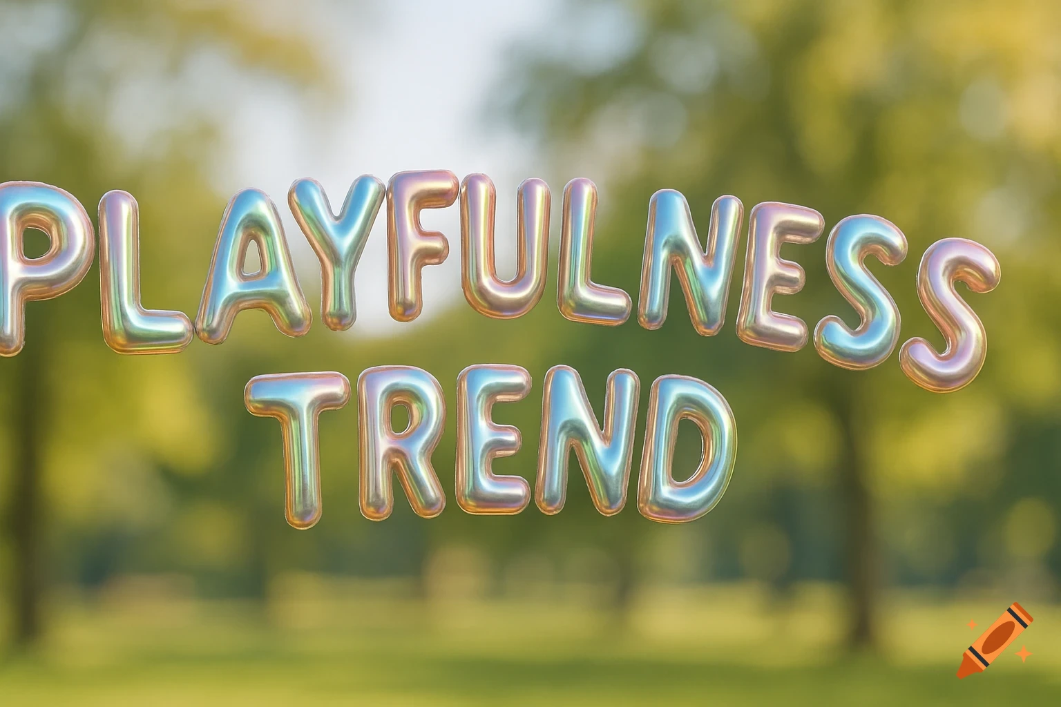 Shiny balloon letters spelling 'PLAYFULNESS TREND' against a blurred green background.
