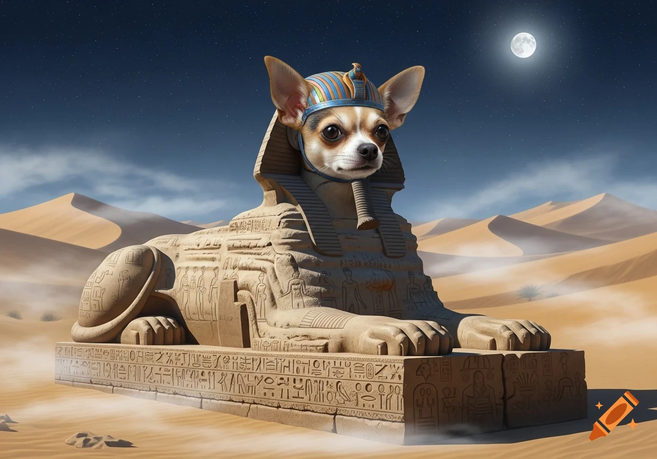 Photorealistic chihuahua head on an ancient Egyptian sphinx statue in a desert at night with a full moon.