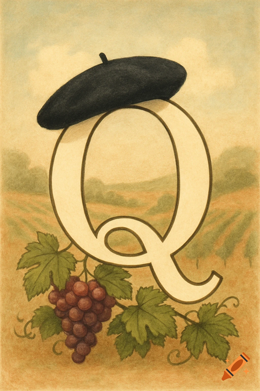 Stylized illustration of a large letter Q wearing a black beret, with grapes and leaves, against a vineyard background.