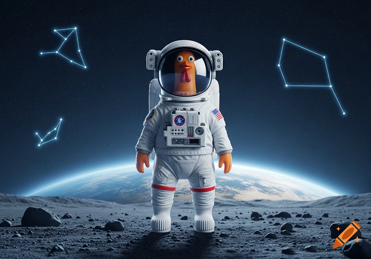 A cartoon rubber chicken in an astronaut suit stands on a moon surface with Earth and constellations in the night sky.