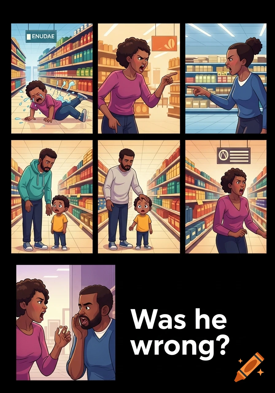 A multi-panel cartoon comic strip showing a child having a tantrum in a supermarket, a father comforting him, and parents arguing, with the question 'Was he wrong?'