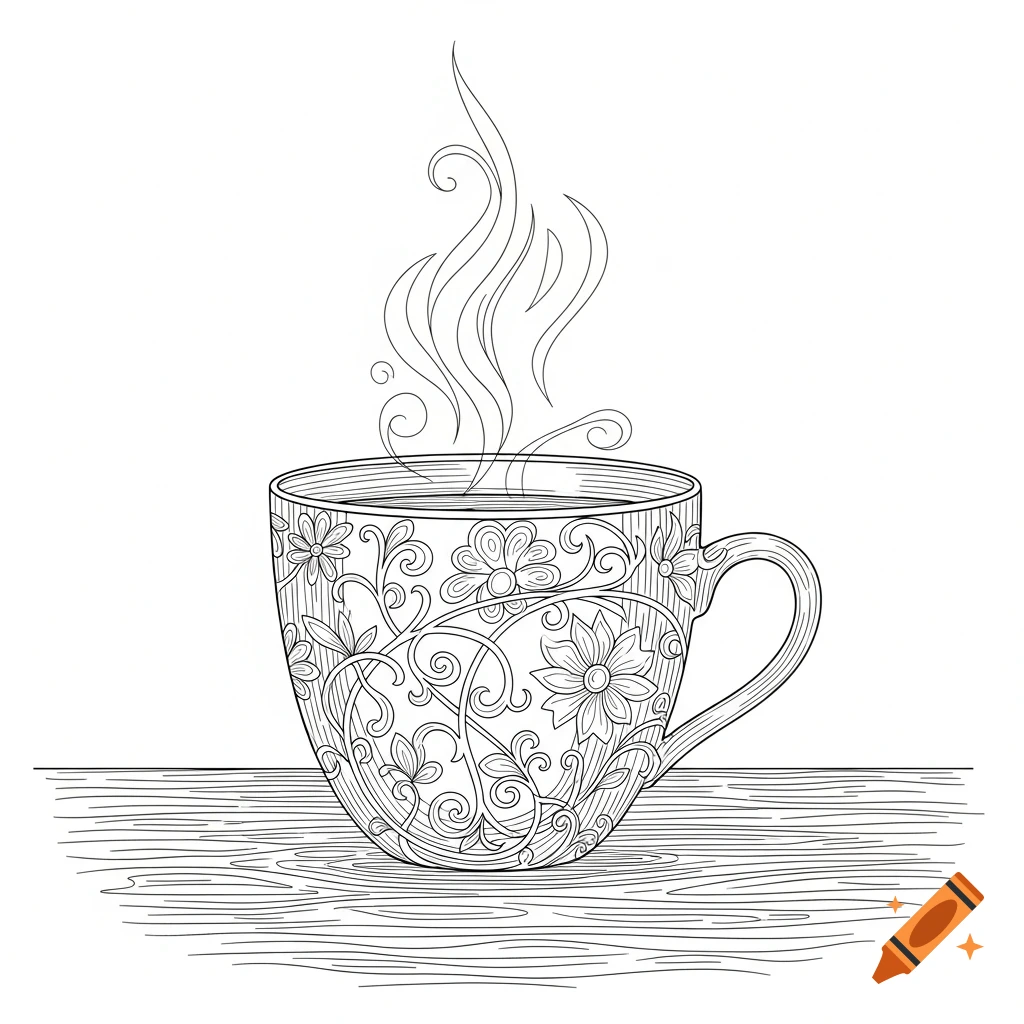 Line art drawing of a coffee mug with intricate floral patterns, emitting steam, on a wooden surface.
