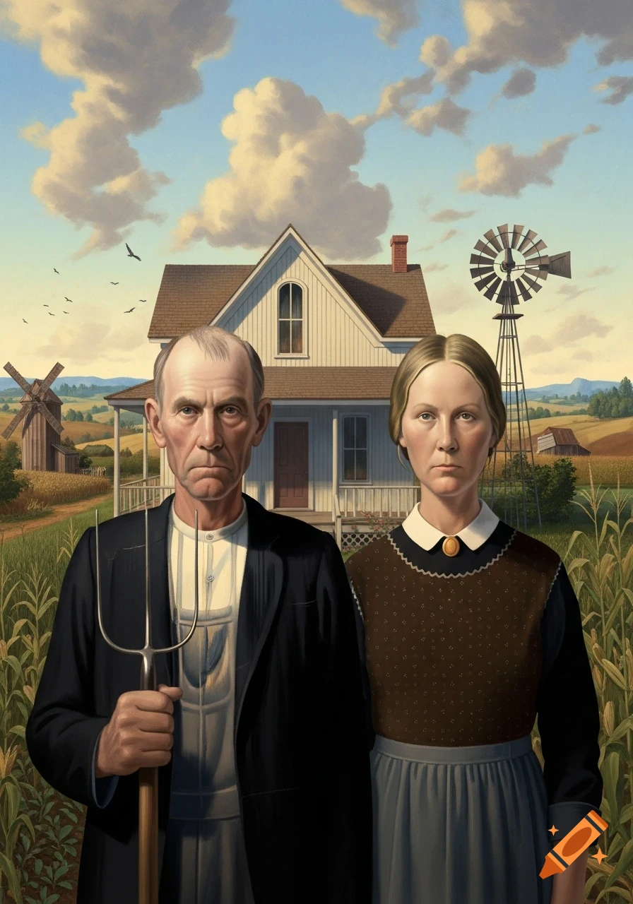 Painterly depiction of a stern man holding a pitchfork and a woman standing in front of a white house with a windmill, mimicking American Gothic.
