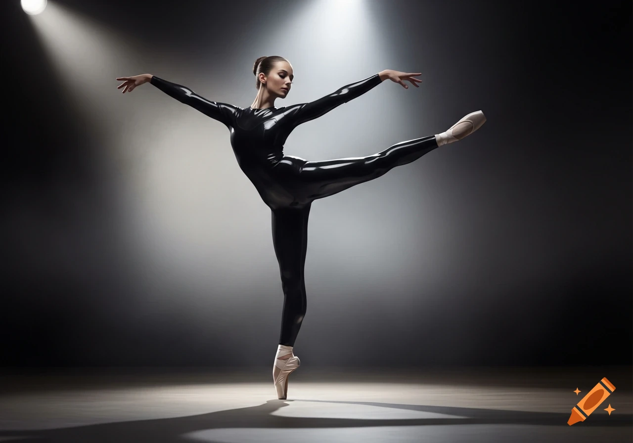A ballerina in a shiny black latex bodysuit and pointe shoes performs a ballet pose on stage under dramatic spotlights.