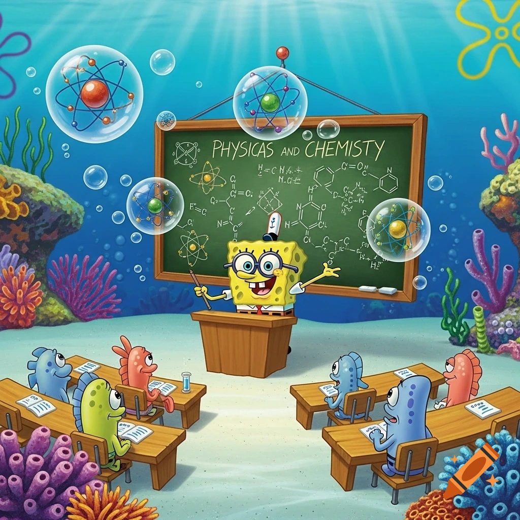 Spongebob Squarepants teaches a physics and chemistry class to fish students underwater, with atomic models floating around.