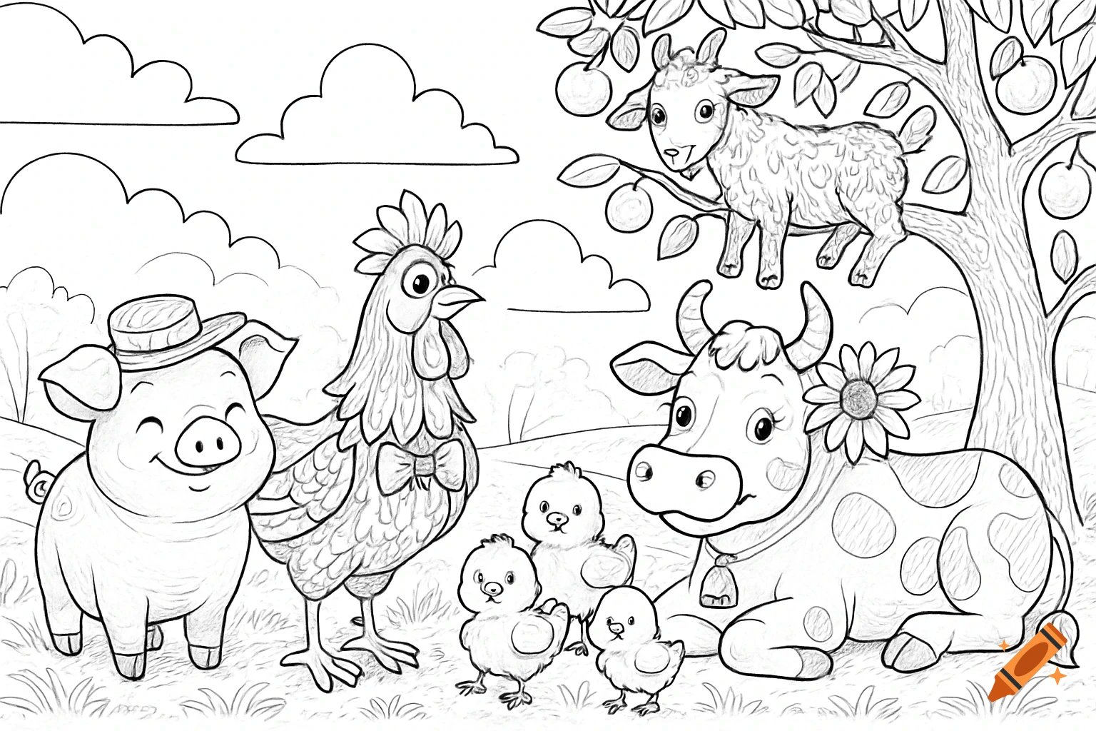A cartoon farm animal coloring page featuring a pig, chicken, three chicks, a cow with a flower, and a goat in a tree, set against a background of hills and clouds.