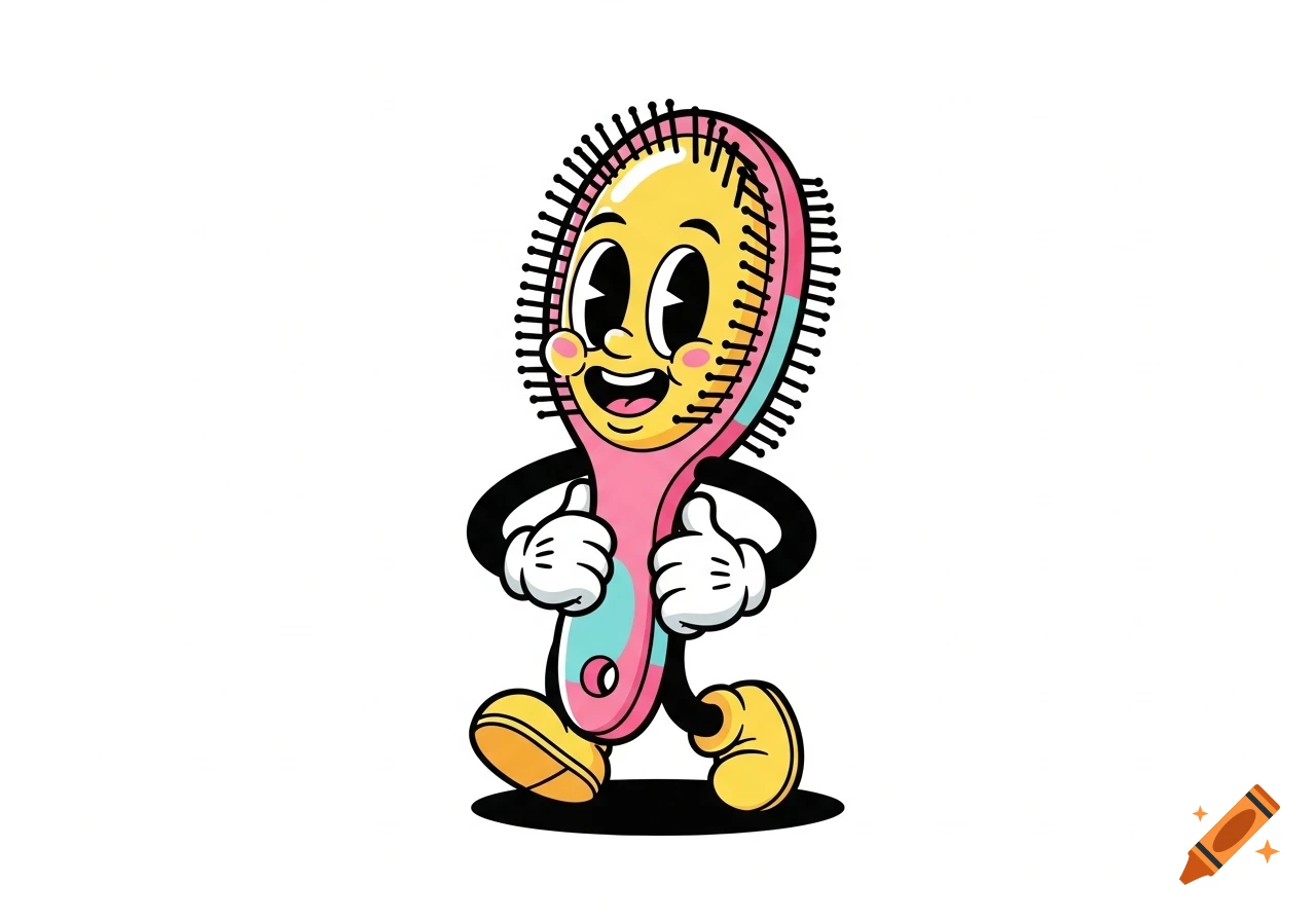 A cheerful, retro-style cartoon hairbrush mascot with big eyes, a happy smile, small hands, and feet, walking.