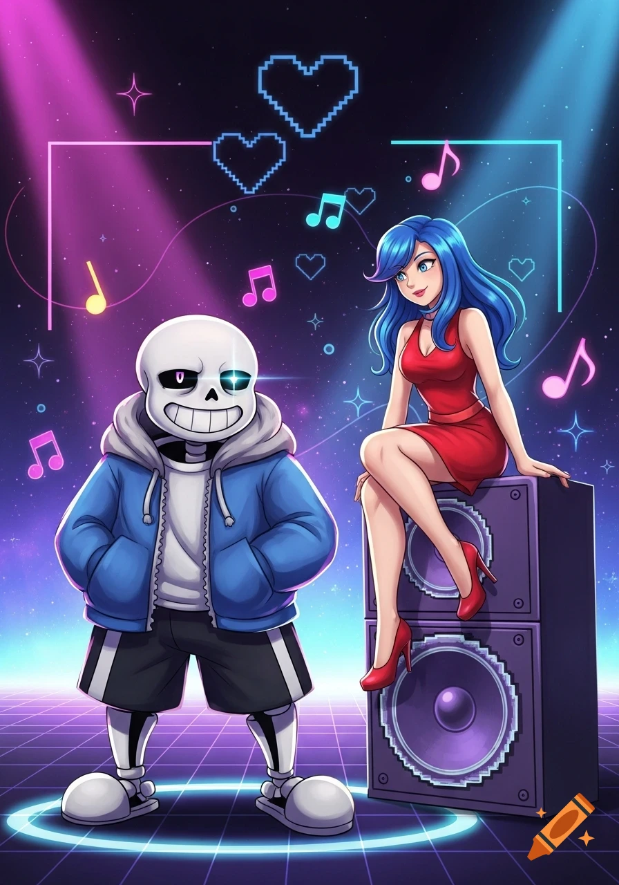Sans from Undertale stands next to Girlfriend from Friday Night Funkin' who sits on speakers, in a vibrant neon retro-futuristic club scene.