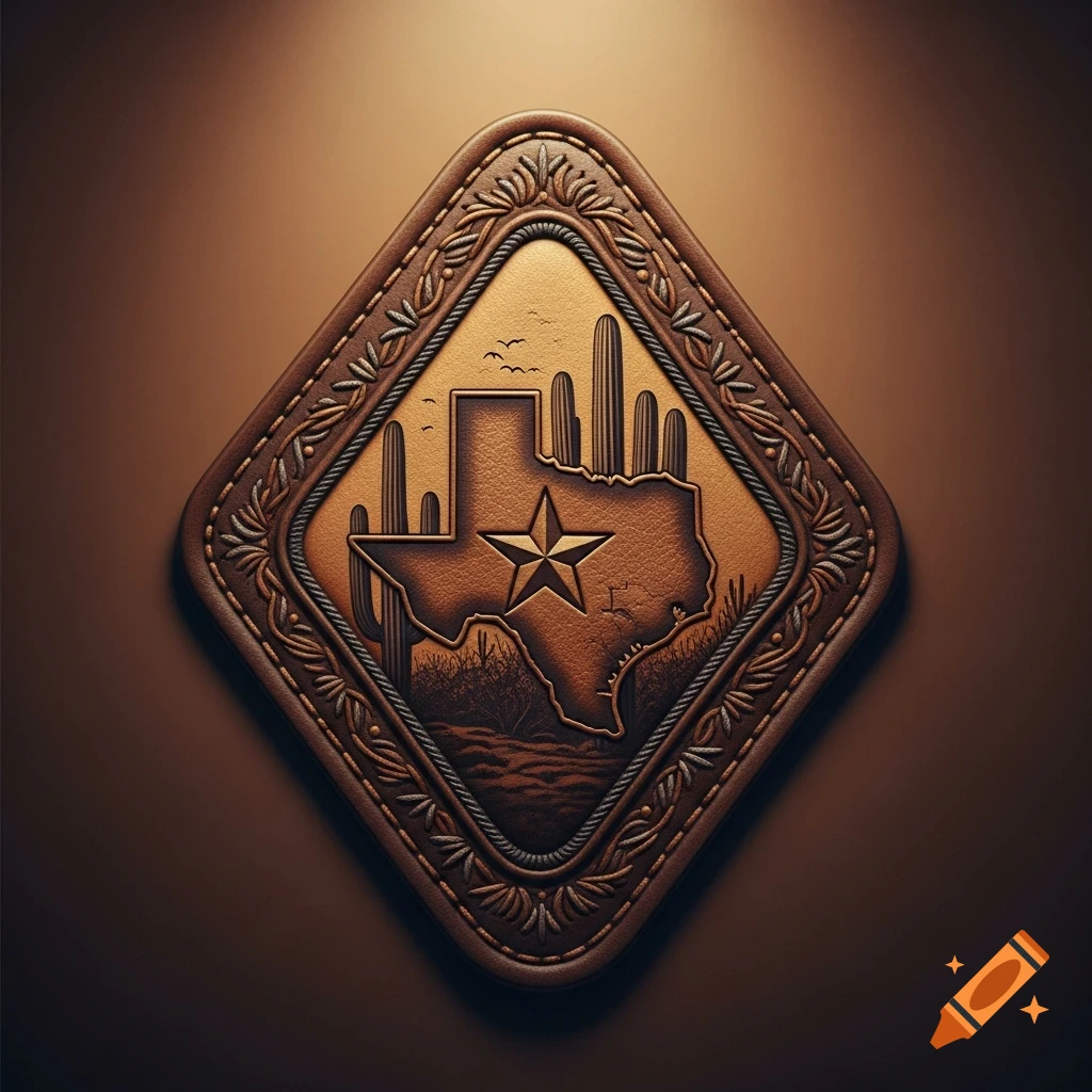 Diamond-shaped embossed leather patch with a Texas map, central star, cactuses, and desert landscape.