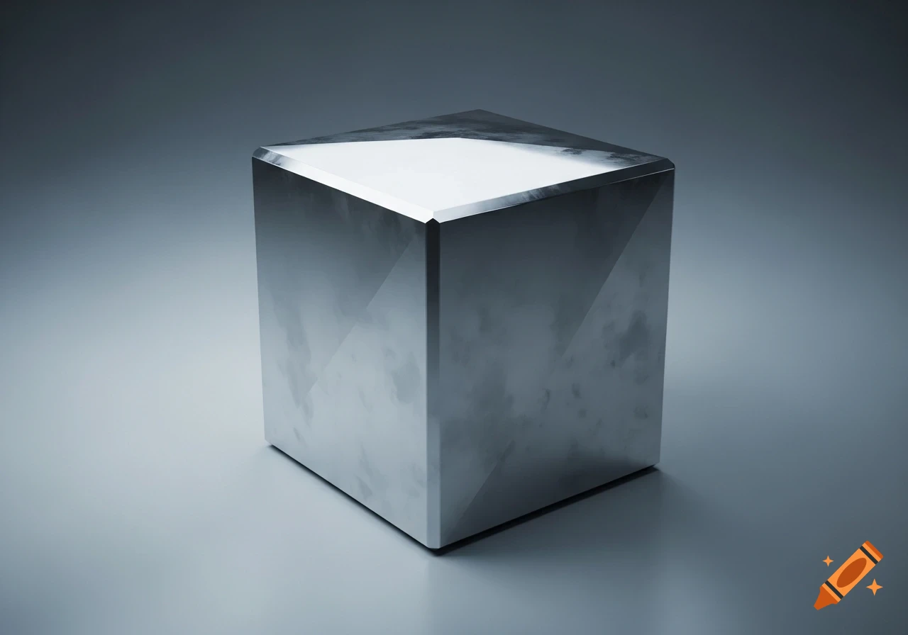 A shiny, silver metallic cube resting on a gray gradient background.
