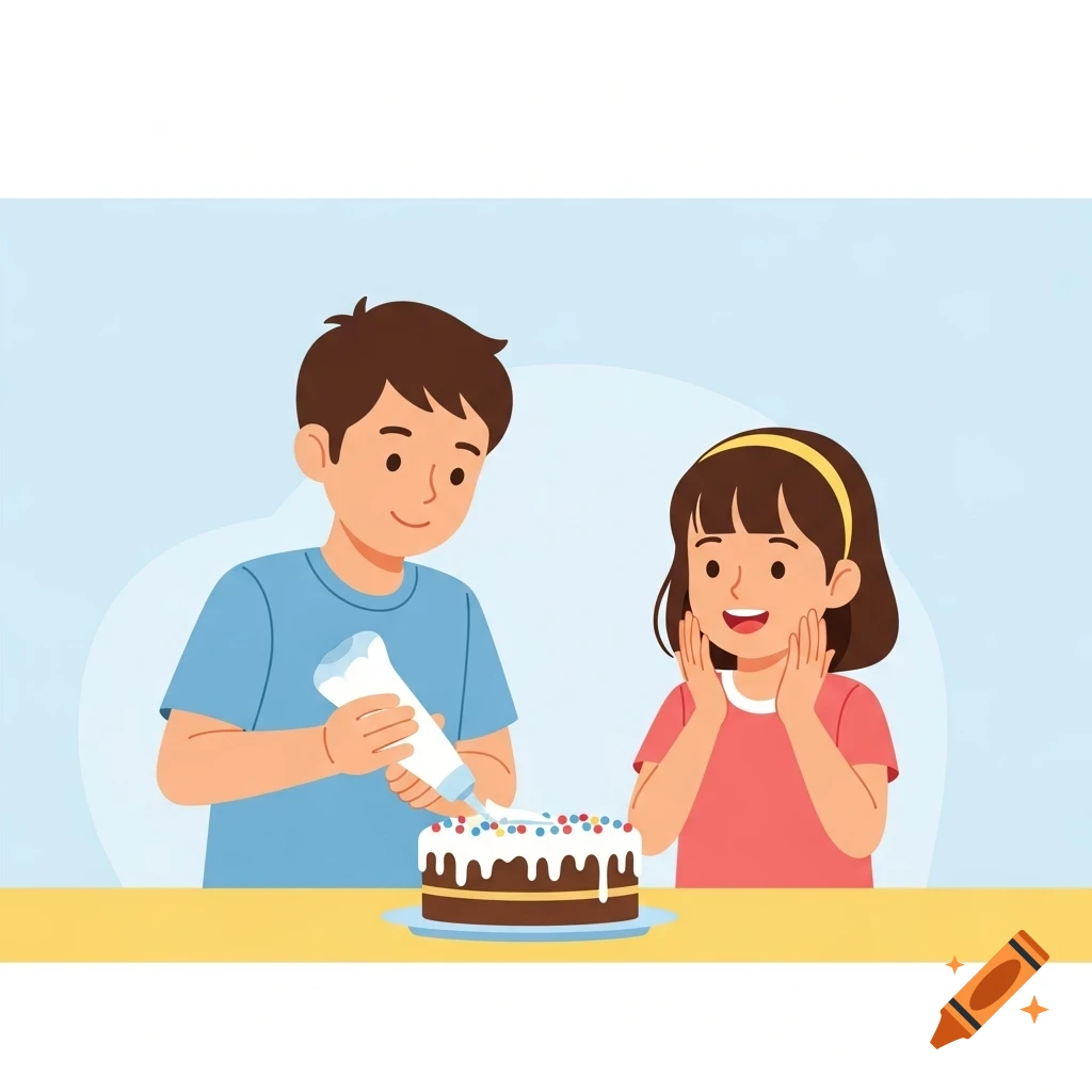 Cartoon illustration of a boy decorating a chocolate cake with sprinkles as a girl watches happily.