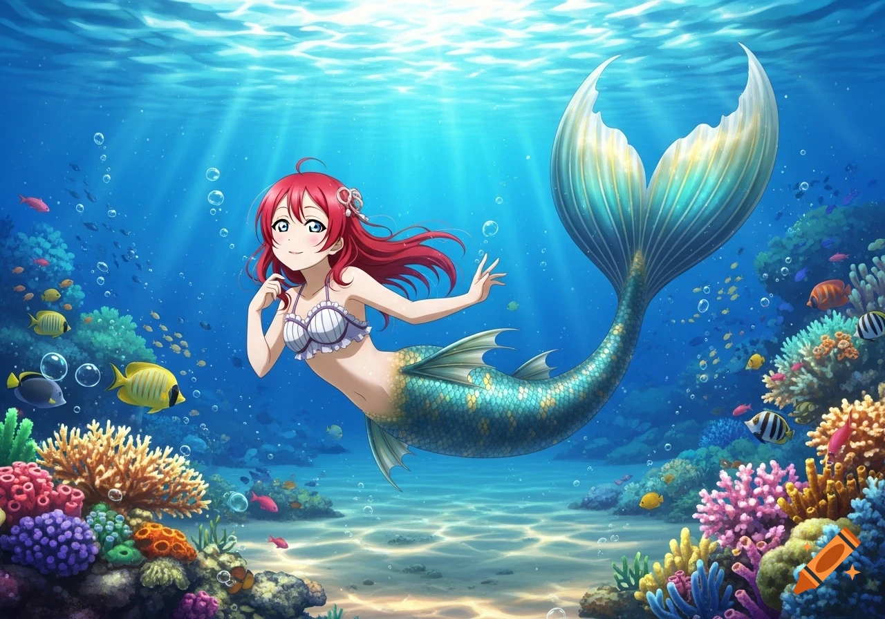 An anime mermaid with red hair and a shimmering teal tail swims through a vibrant coral reef, surrounded by colorful fish and sun rays.