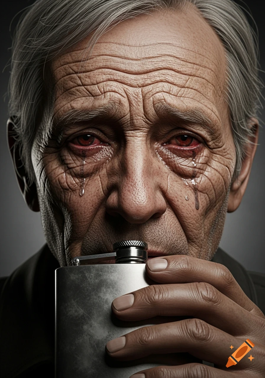 Photorealistic close-up of an anguished elderly man with bloodshot, tear-streaked eyes, holding a tarnished silver flask.