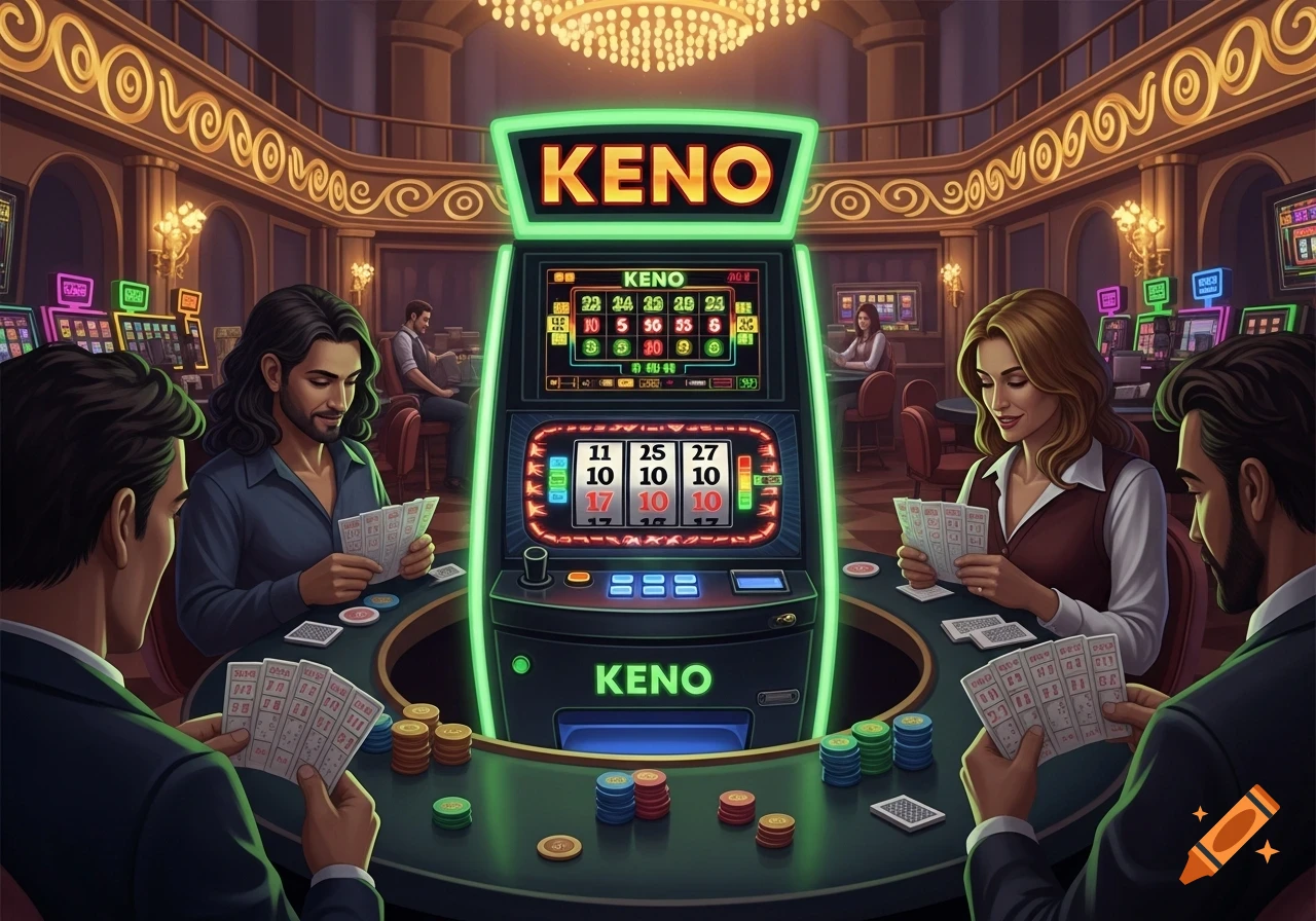 Four people play Keno around a glowing machine in a lavish casino, holding cards and surrounded by poker chips.