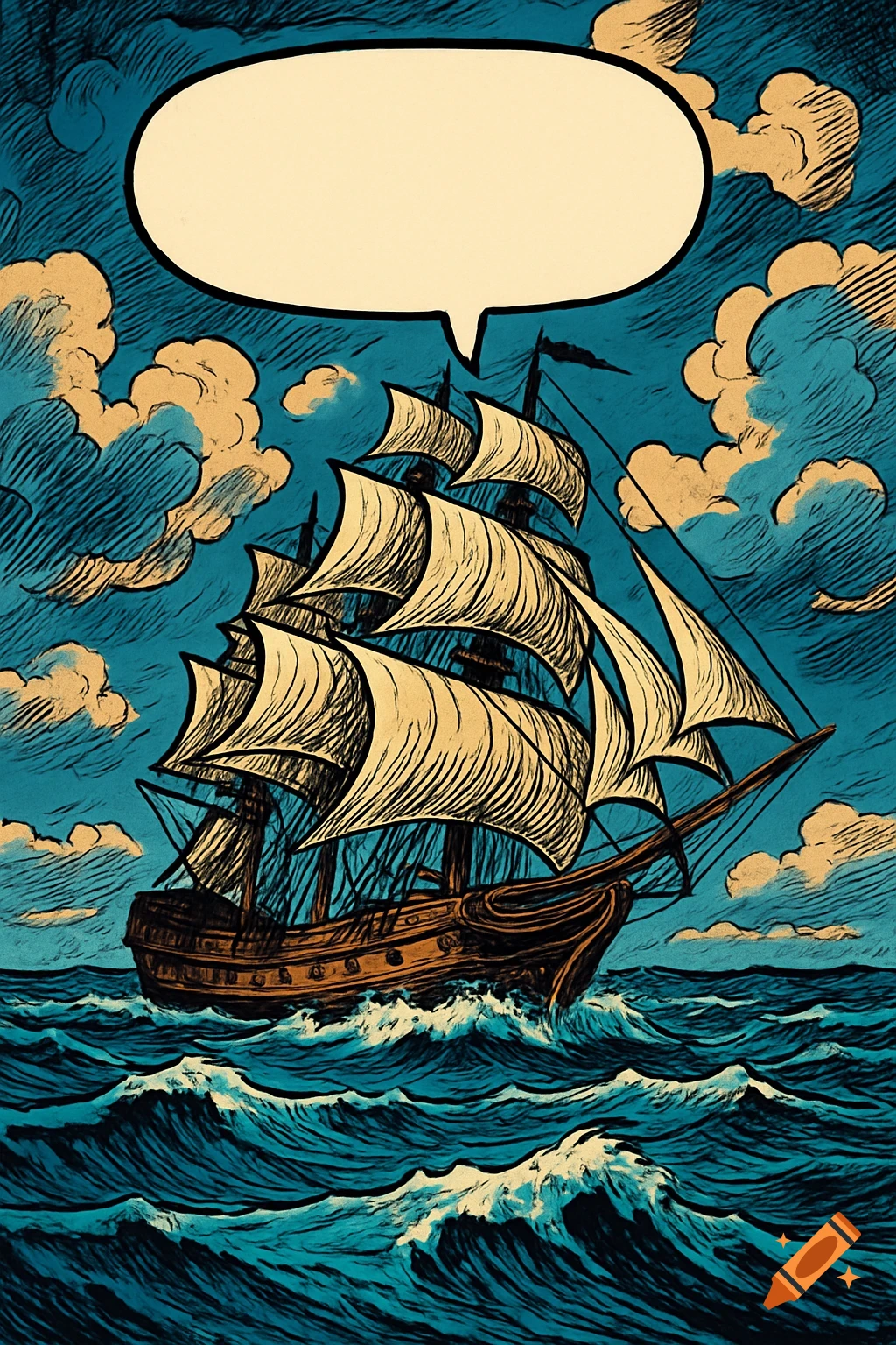 A comic art style frigate sails on stormy blue seas under a cloudy sky, with a large empty speech bubble above.