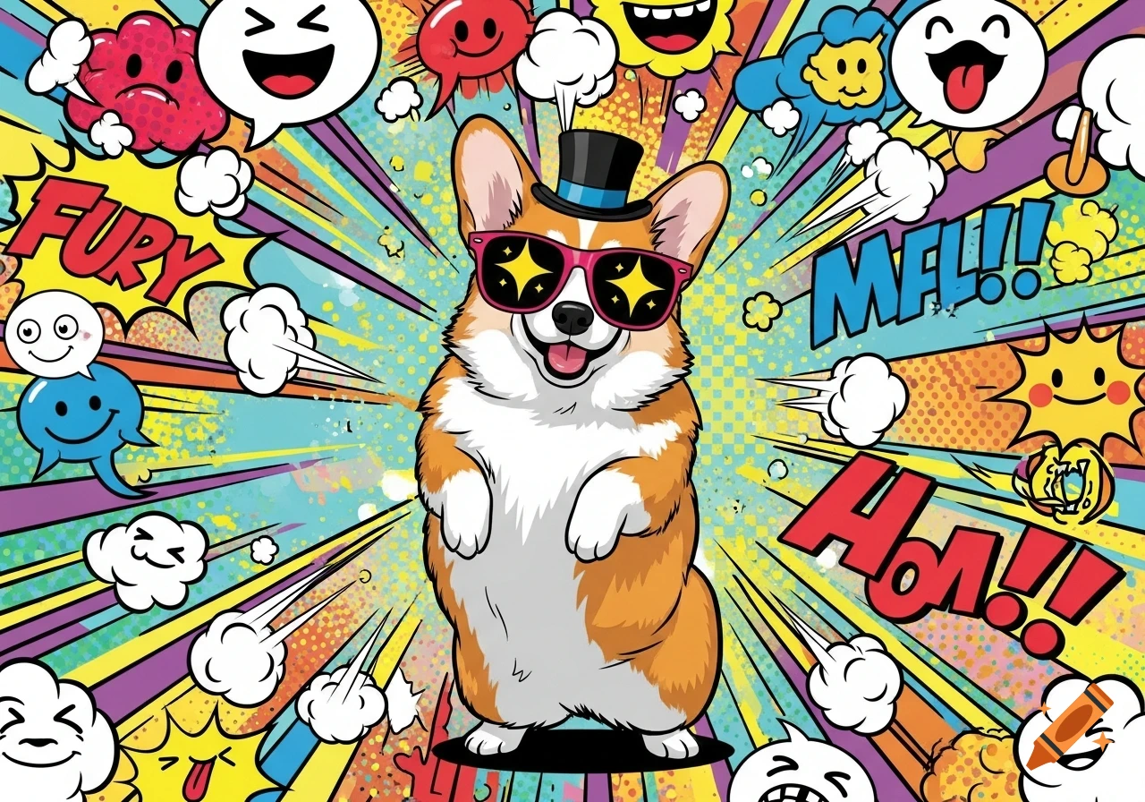 A cartoon corgi with star-shaped sunglasses and a top hat stands against a vibrant comic art background with speech bubbles.