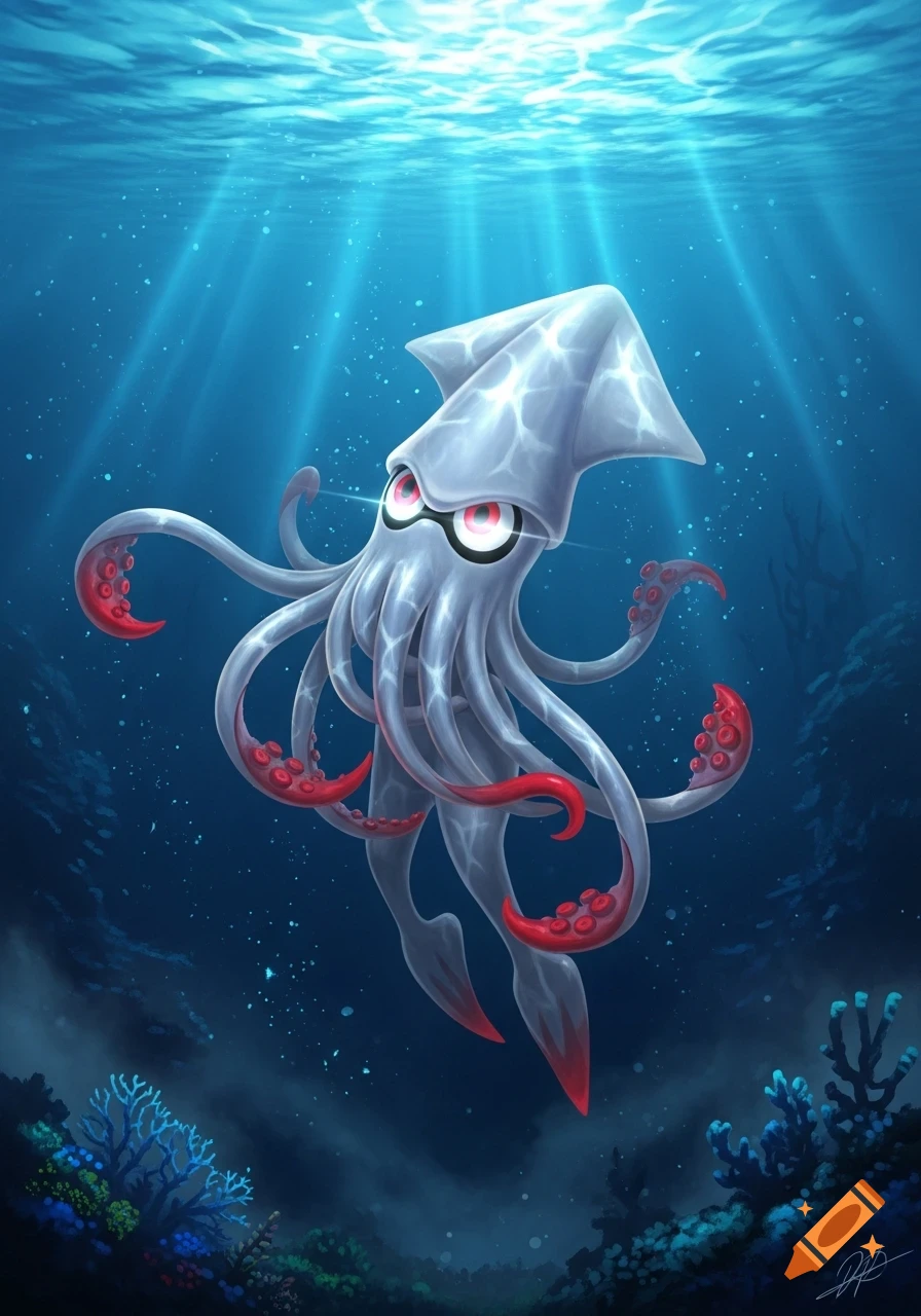 A stylized grey and red vampire squid-like creature with glowing red eyes swims in a clear blue underwater scene with coral.