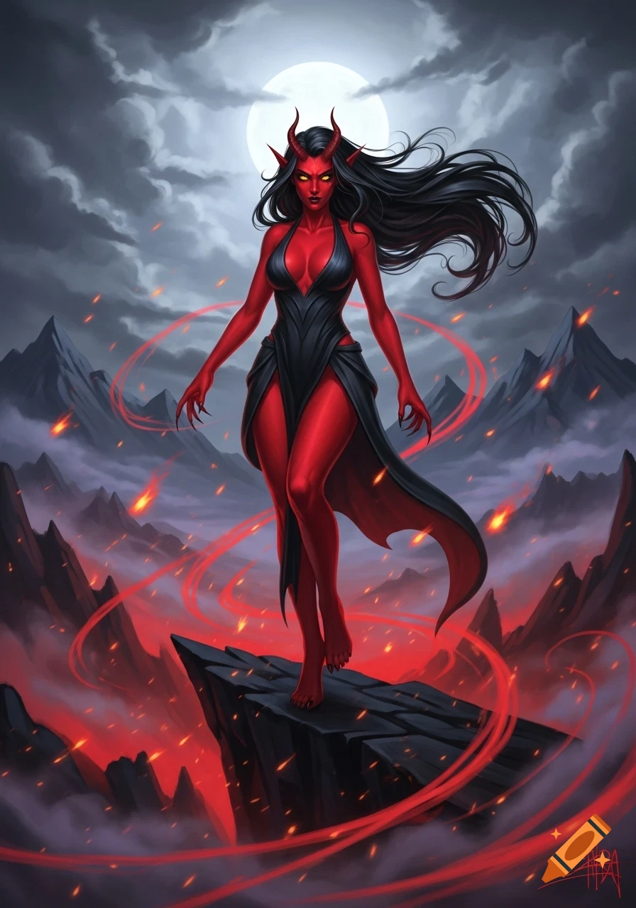 A red-skinned female demon with horns and black hair stands on a rock in a fiery, mountainous landscape under a full moon.