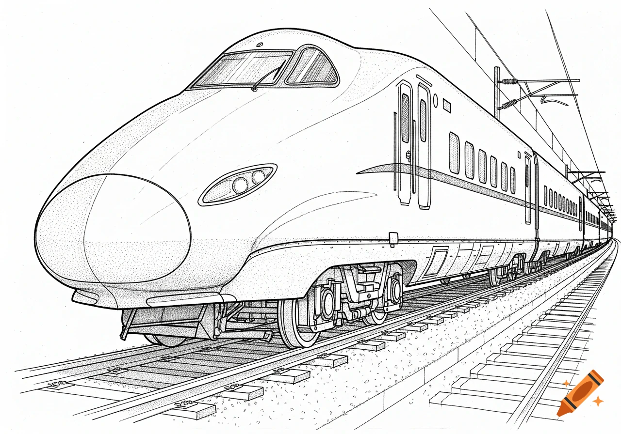 A technical line art sketch of a bullet train on tracks, viewed from a low angle showing its side and undercarriage.