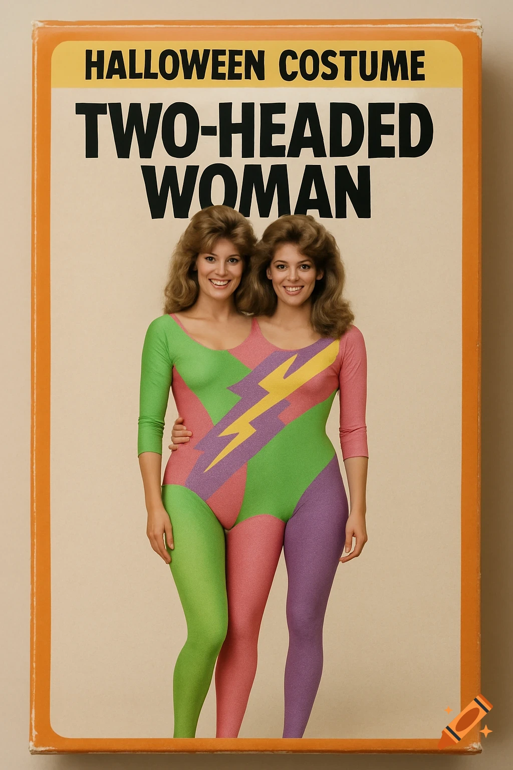 A vintage Halloween costume package for a "Two-Headed Woman" features two women in a single, brightly colored, 80s-style leotard, creating an illusion of one body with two heads.