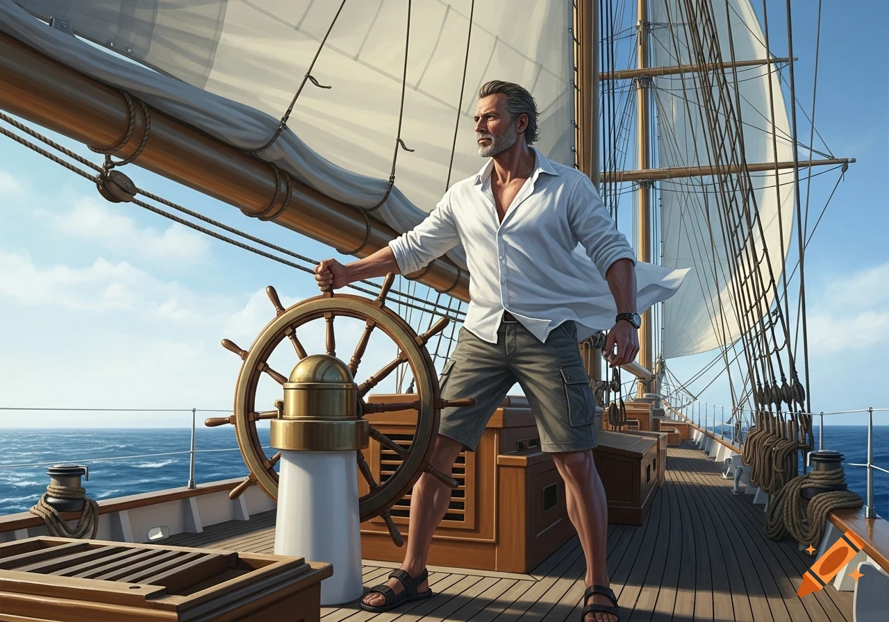 Athletic middle-aged man in a white shirt and shorts steering a large wooden sailing ship on a sunny day at sea.