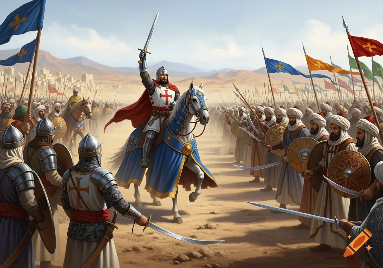 An illustration of a knight on a horse raising a sword, leading a Christian army against Muslim warriors in a desert battle.