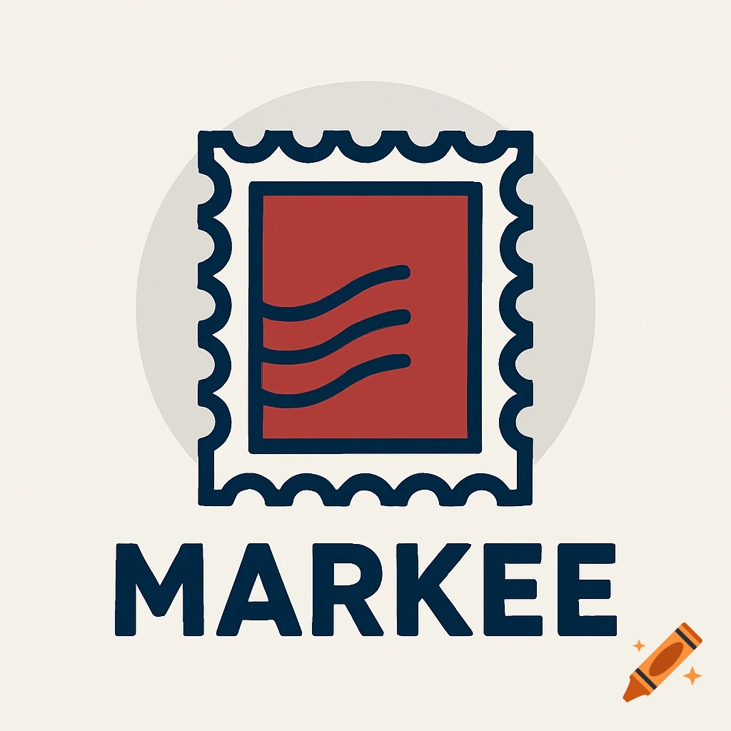 A logo featuring a red and blue postage stamp icon with three wavy lines, above the bold blue text "MARKEE" on a light background.
