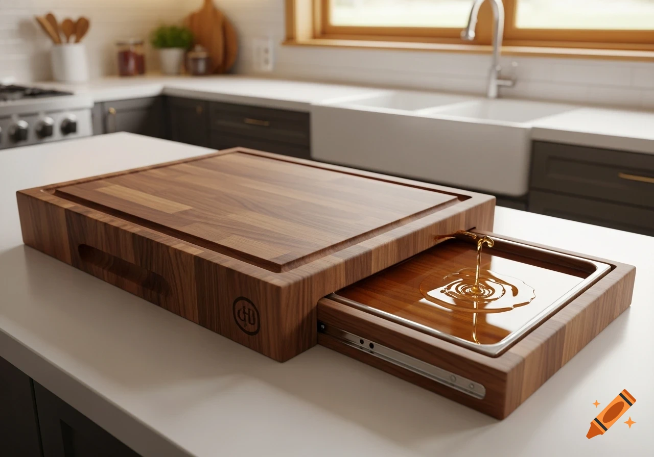 Photorealistic image of a wooden carving board with a pull-out tray holding golden liquid, on a kitchen counter.