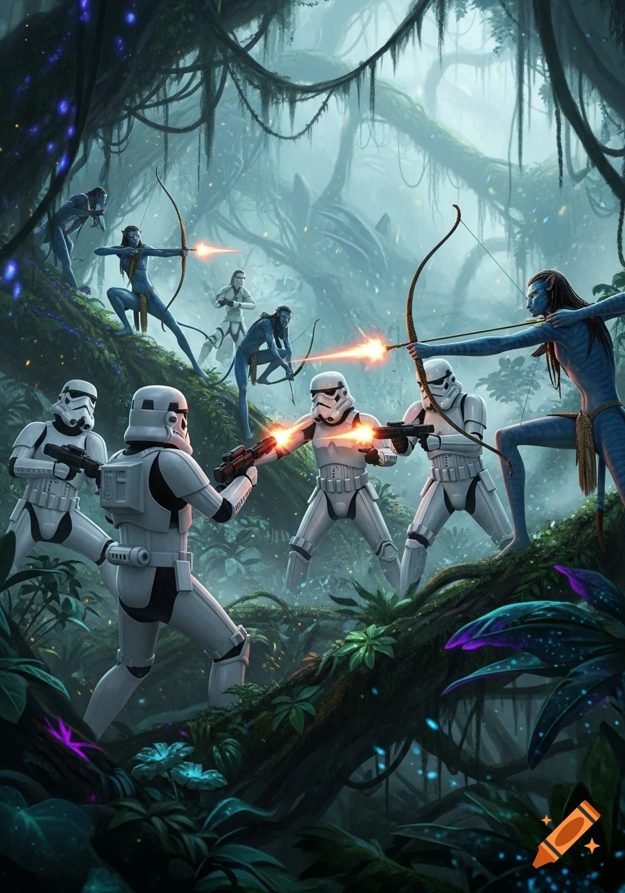 Stormtroopers and Na'vi characters clash in a lush, glowing jungle battlefield, firing weapons and bows.