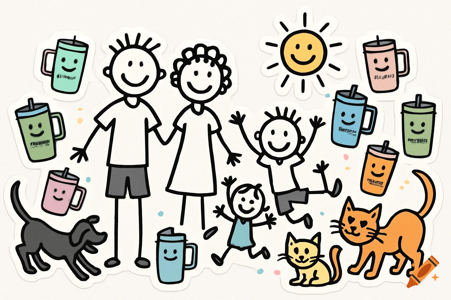 A white car bumper sticker with stick figures of a family, pets, and happy-faced drinking mugs on a white background.