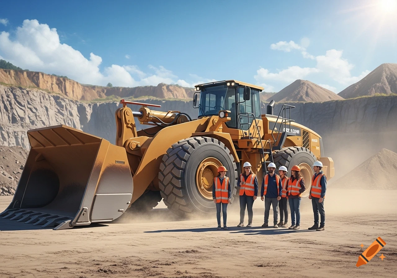 Five people in safety vests and hard hats stand in front of a large yellow wheel loader at a quarry under a sunny sky.