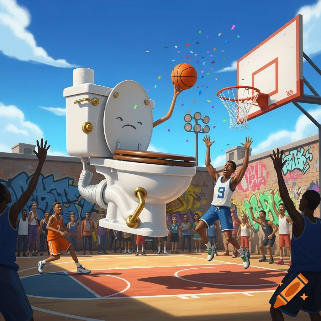 A giant cartoon toilet character with arms dunks a basketball over human players on an outdoor court with graffiti.