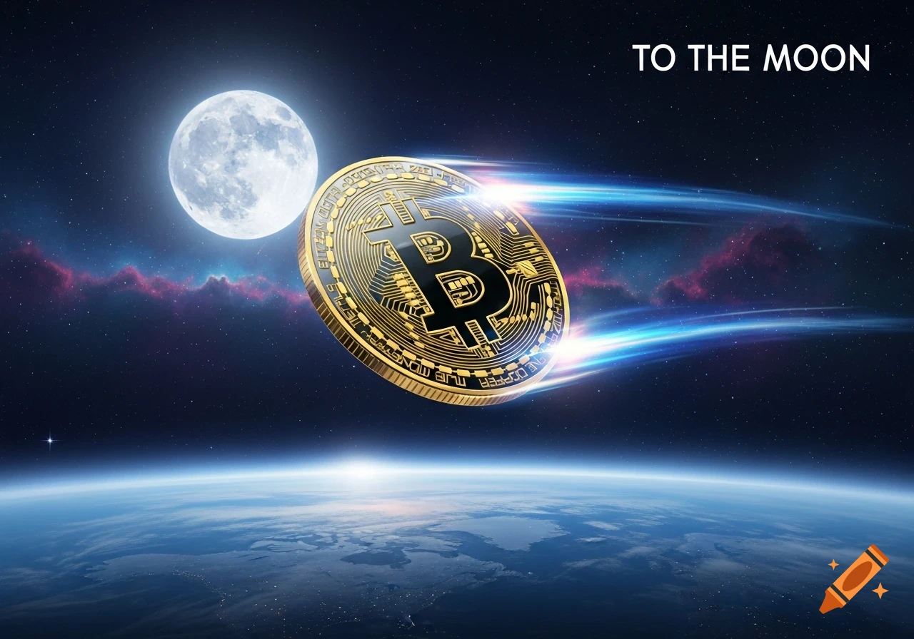 A golden Bitcoin coin with a 'B' symbol flies through space, leaving blue light trails, towards a bright full moon above the Earth's horizon. The text 'TO THE MOON' is visible in the upper right.